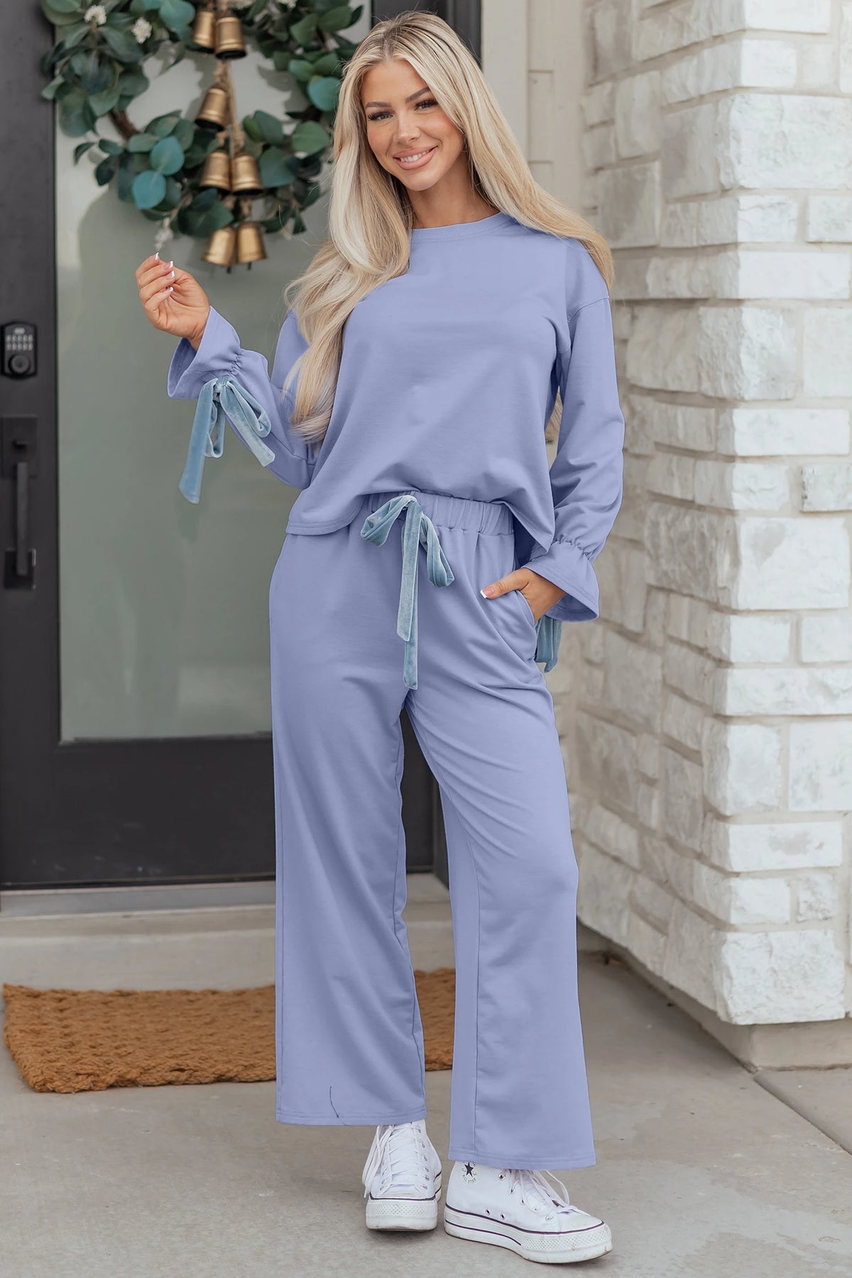 Beau Blue Flounce Long Sleeve Top Drawstring Pants Contrast Velvet Bow Knot Lounge Set