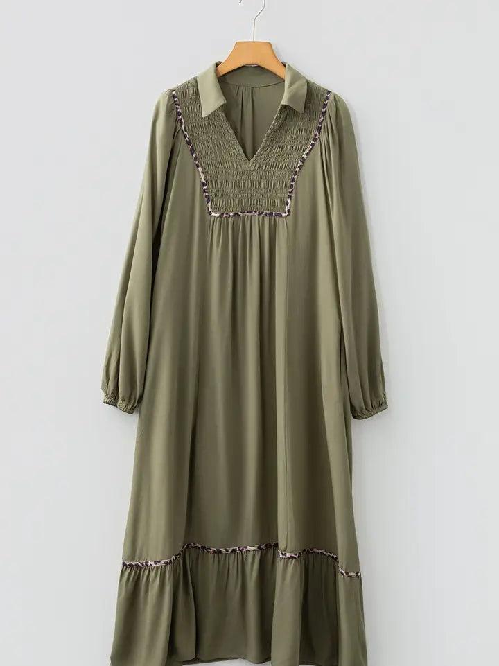 Leopard Trim Smocked V-Neck Midi Dress