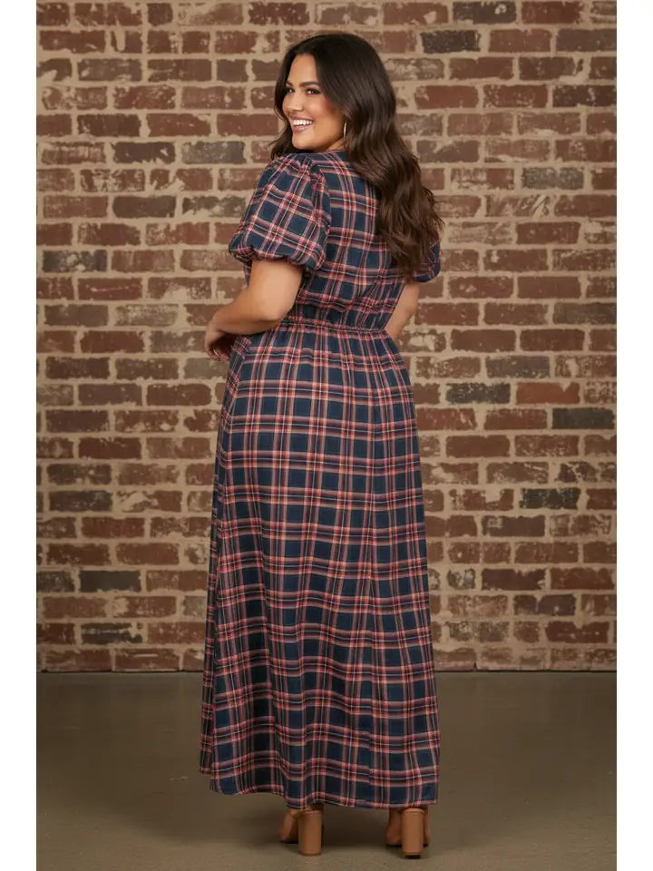 Plus Size Plaid V-Neck Belted Waist Maxi Dress