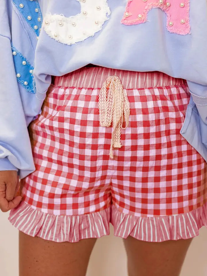 Gingham Print Ruffle Striped Detail Lace Tie Shorts