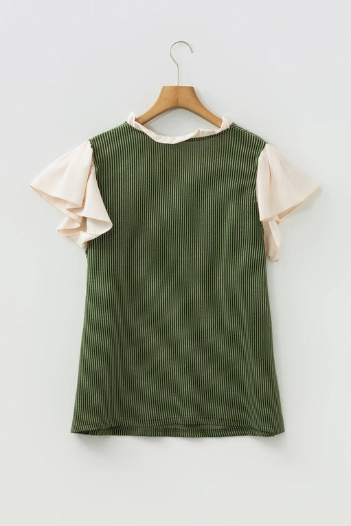 Plus Size Contrast Frilled Neckline Ribbed Textured Blouse