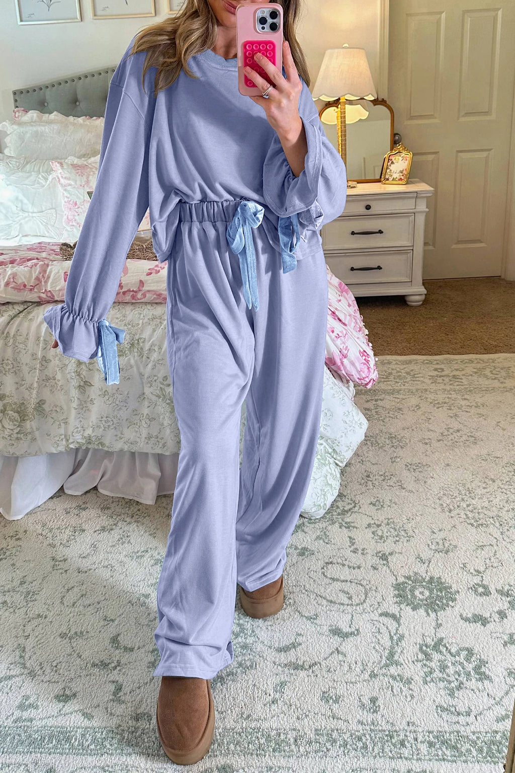 Beau Blue Flounce Long Sleeve Top Drawstring Pants Contrast Velvet Bow Knot Lounge Set