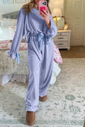 Beau Blue Flounce Long Sleeve Top Drawstring Pants Contrast Velvet Bow Knot Lounge Set