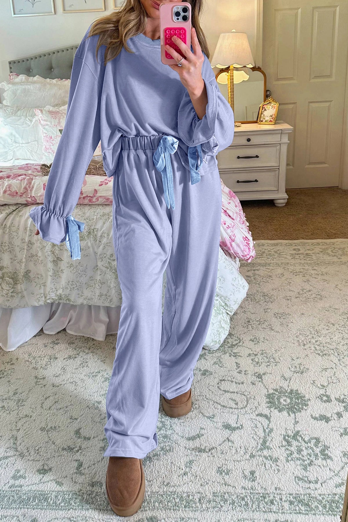 Beau Blue Flounce Long Sleeve Top Drawstring Pants Contrast Velvet Bow Knot Lounge Set
