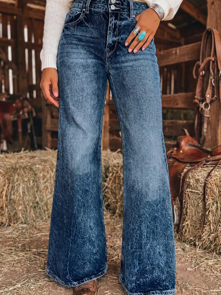 Sail Blue Acid Wash Pocket Detail Flare Jeans