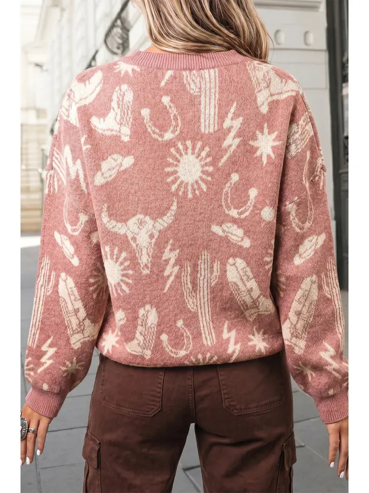 Western Drop Shoulder Round Neck Long Sleeve Sweater