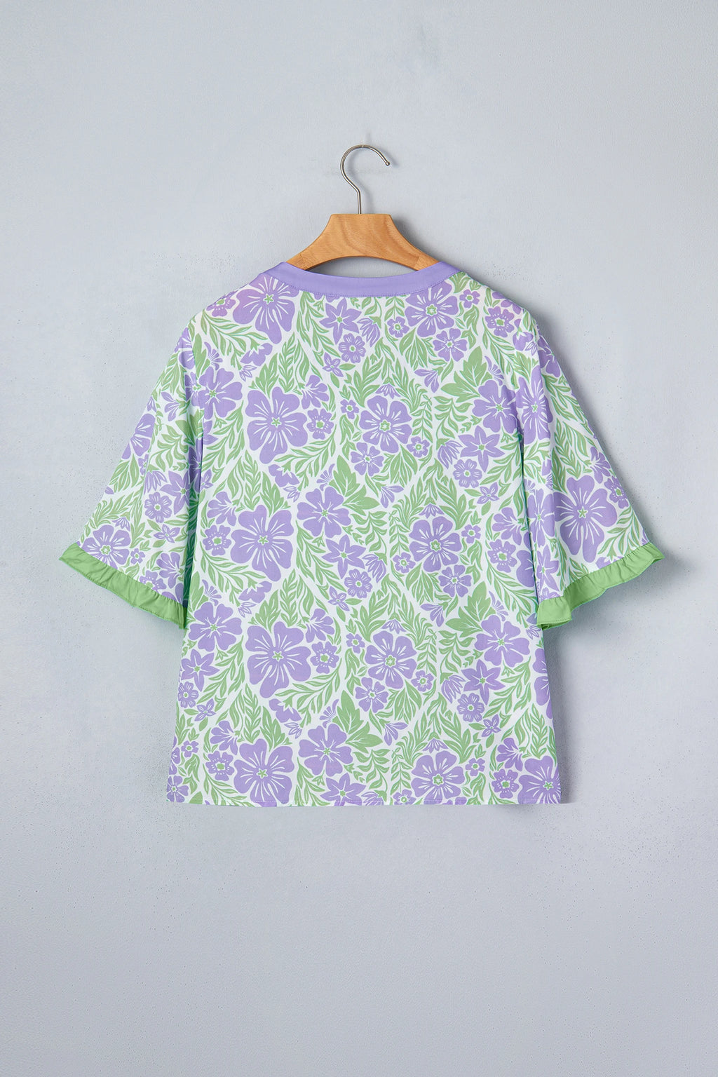 Purple Floral Print Ruffled Color Block Trim Half Sleeve Blouse