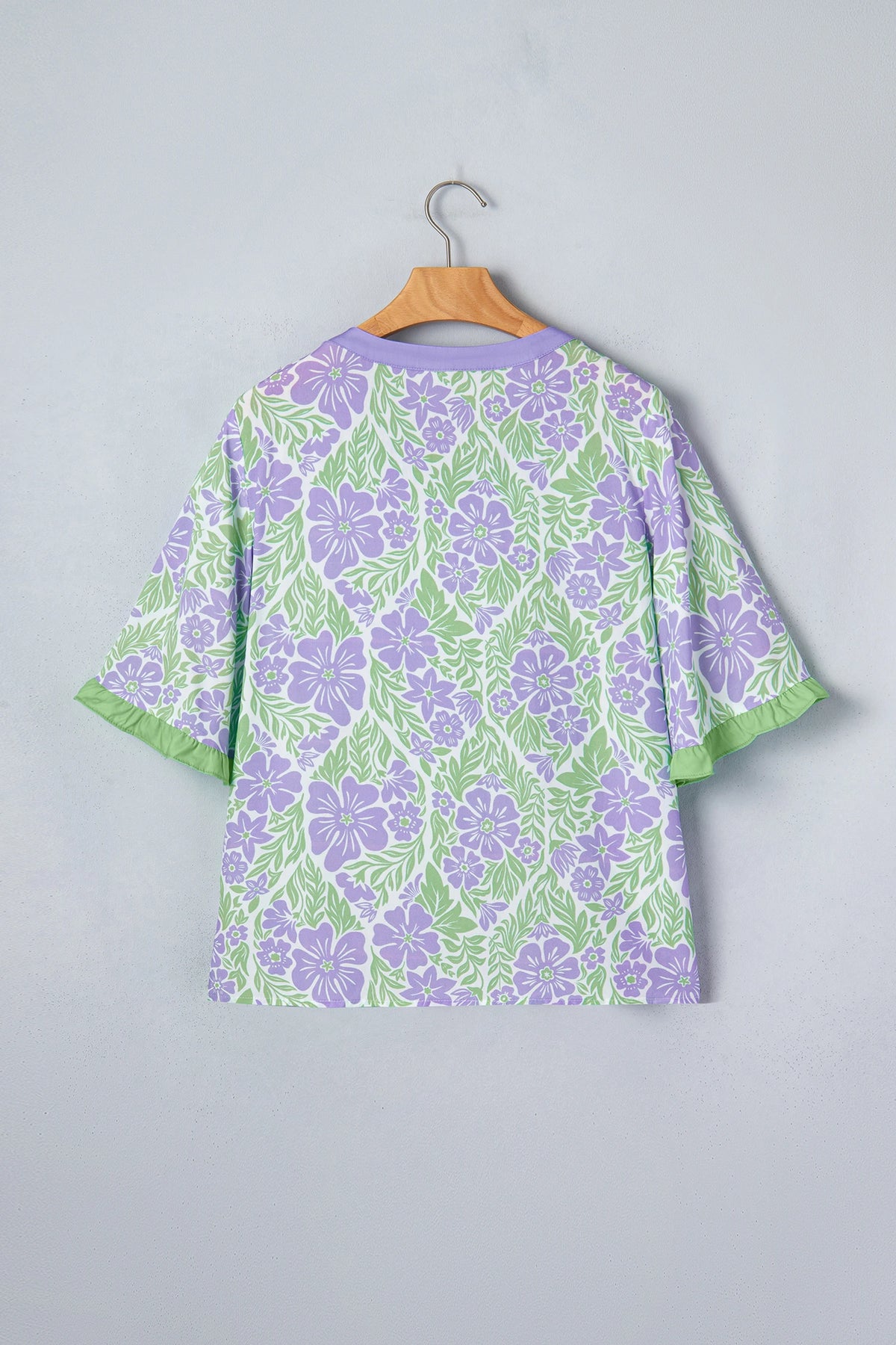 Purple Floral Print Ruffled Color Block Trim Half Sleeve Blouse