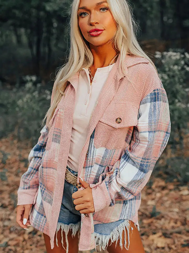 Plaid Corduroy Patchwork Chest Pocket Shacket