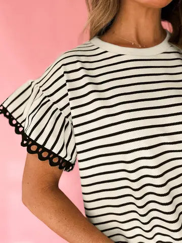 Stripe Scallop Lace Trim Ruffle Short Sleeves Crewneck Top