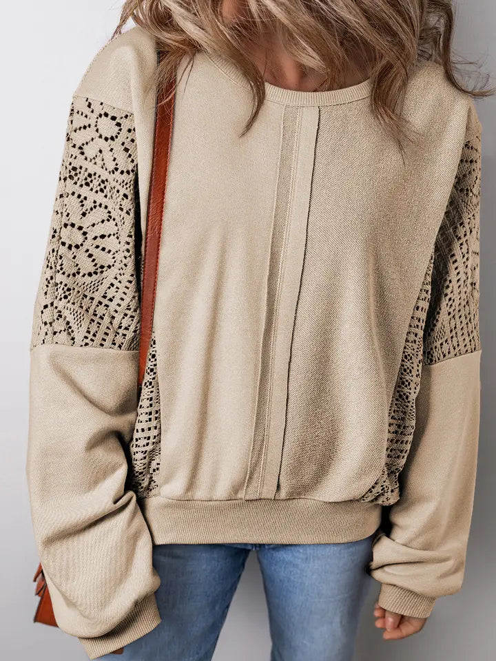 Knit Crochet Exposed Seam Ribbed Trim Sweatshirt