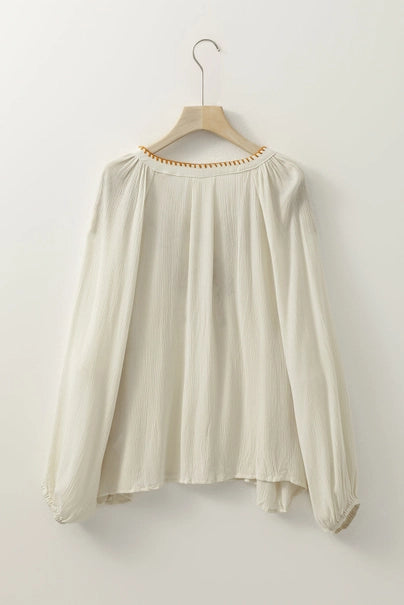 Floral Embroidered Textured Puff Sleeve Shirt
