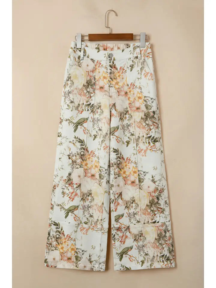 Beige Vintage Style Floral Print High Waist Wide Leg Jeans