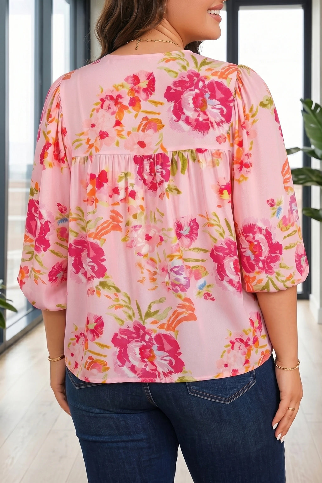 Pink Floral Print Tie Neck Puffy Half Sleeve Blouse