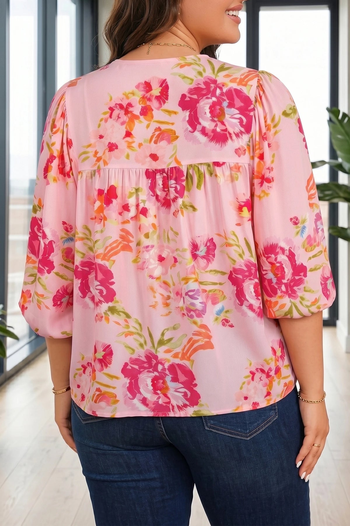 Pink Floral Print Tie Neck Puffy Half Sleeve Blouse