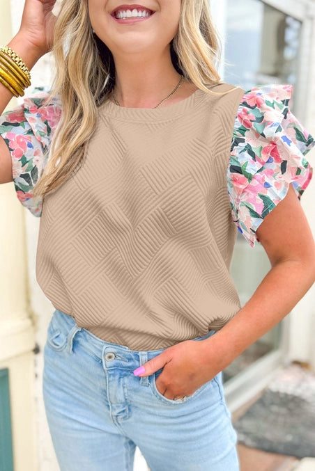 Abstract Print Tiered Ruffled Sleeve Textured Knit Top