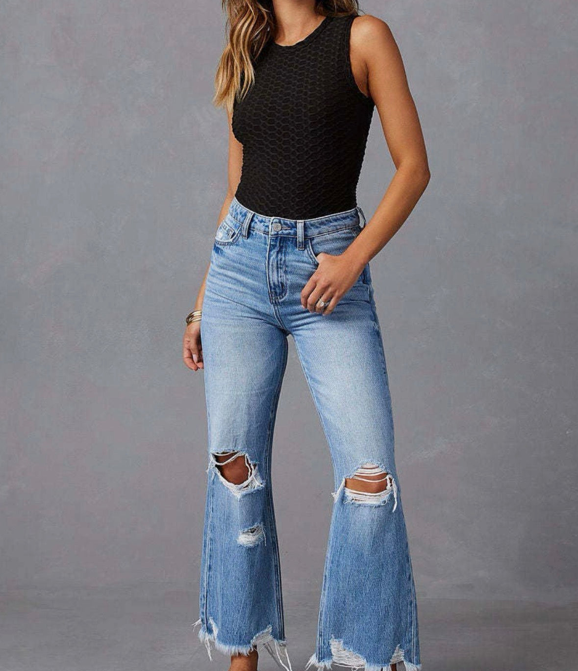 High-Waisted Distressed Denim Wide Leg Pants
