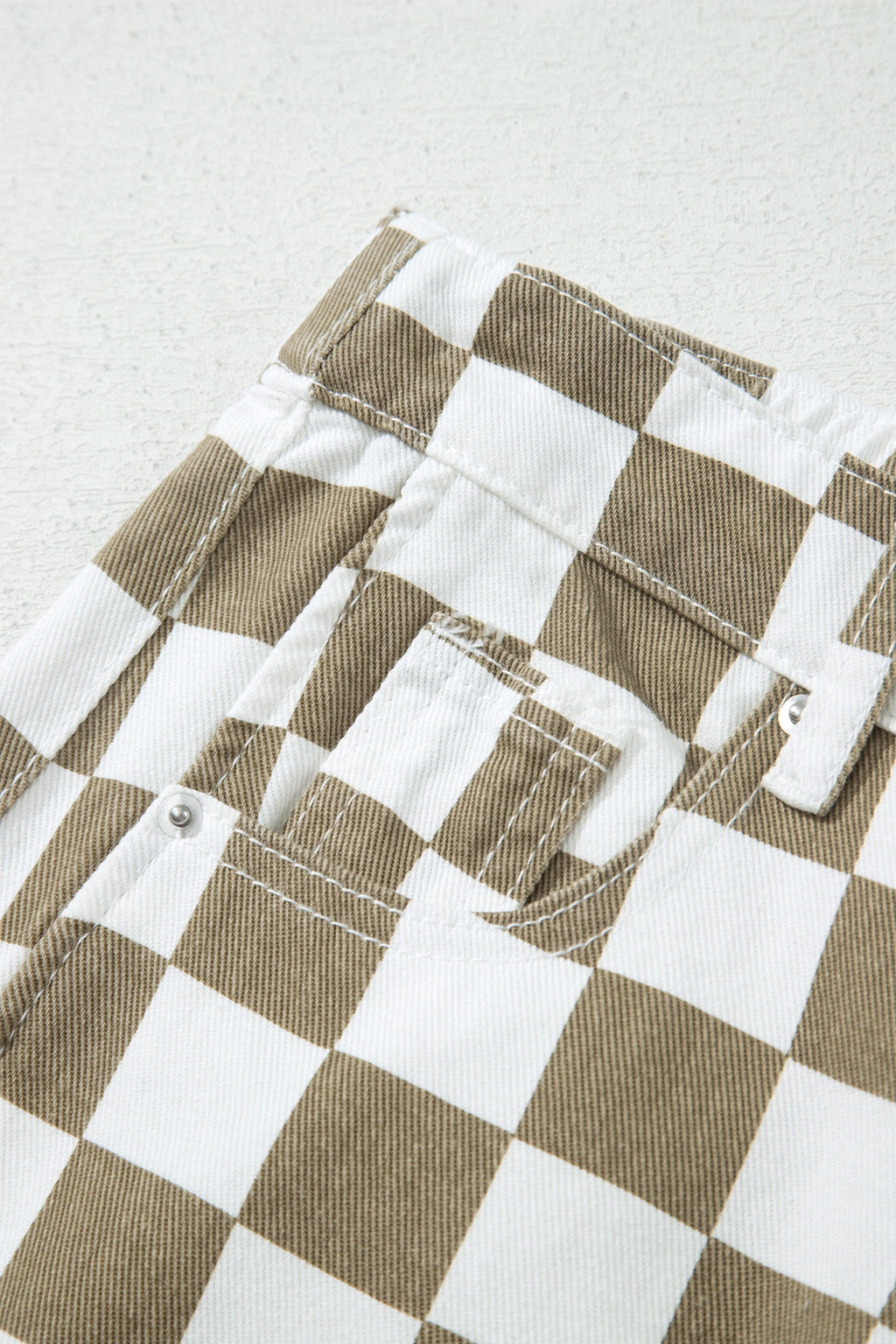 White Checkered Print Denim Barrel Pants