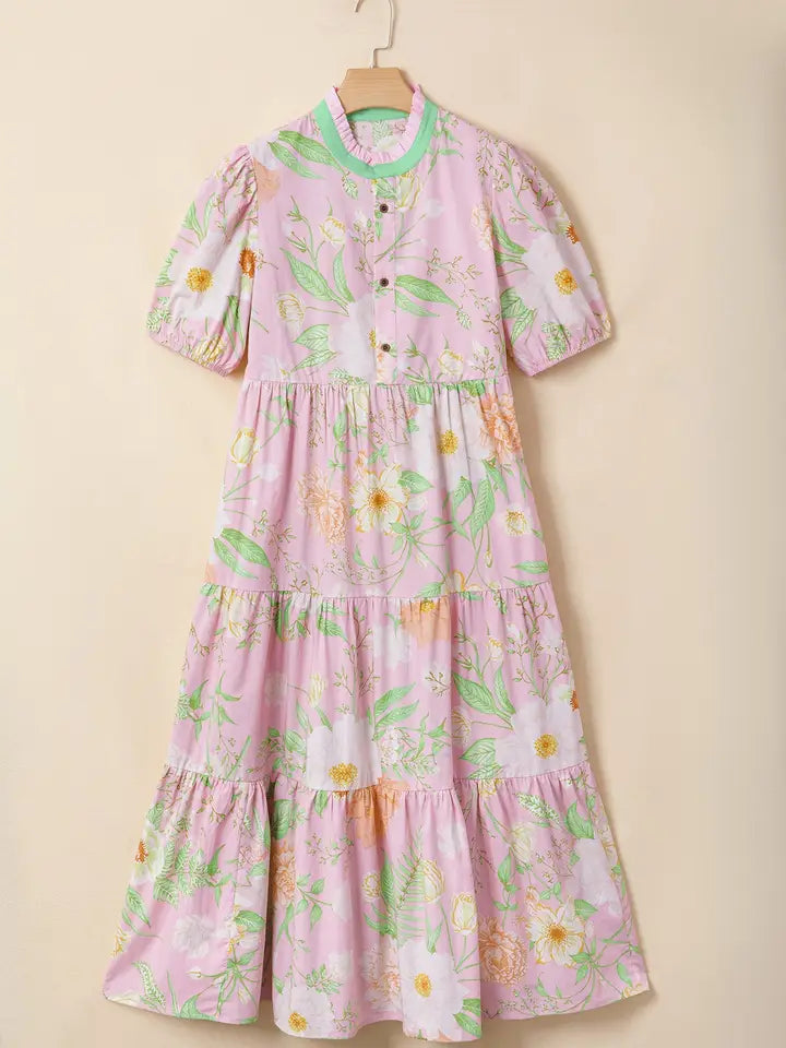 Floral Puff Sleeve Tiered Maxi Dress