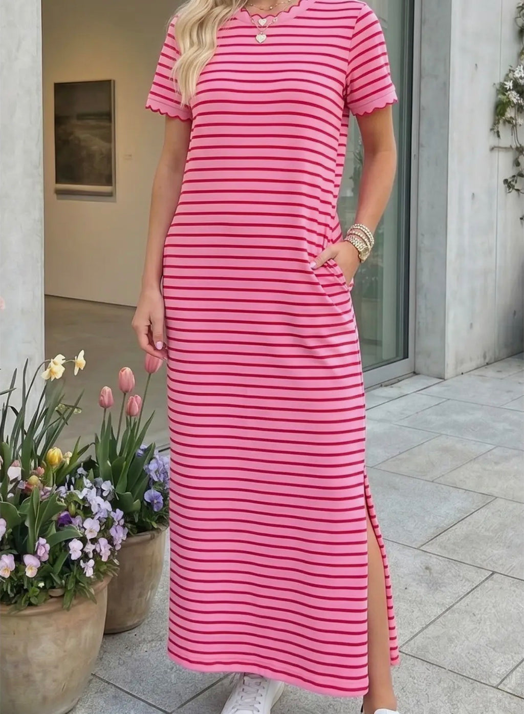Scalloped Trim Side Slit Dress