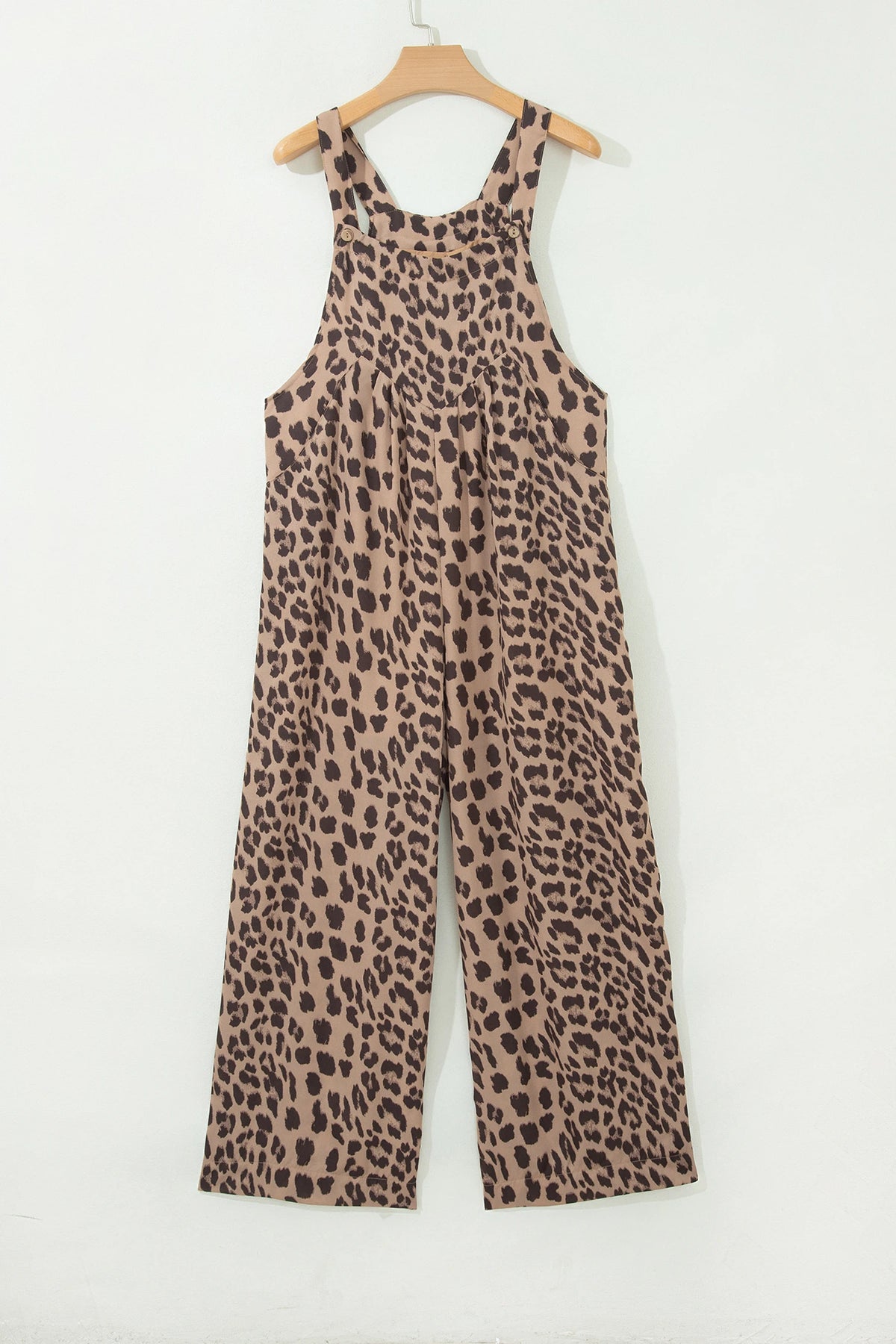 Khaki Leopard Print Square Neck Pleated Wide Leg Jumpsuit