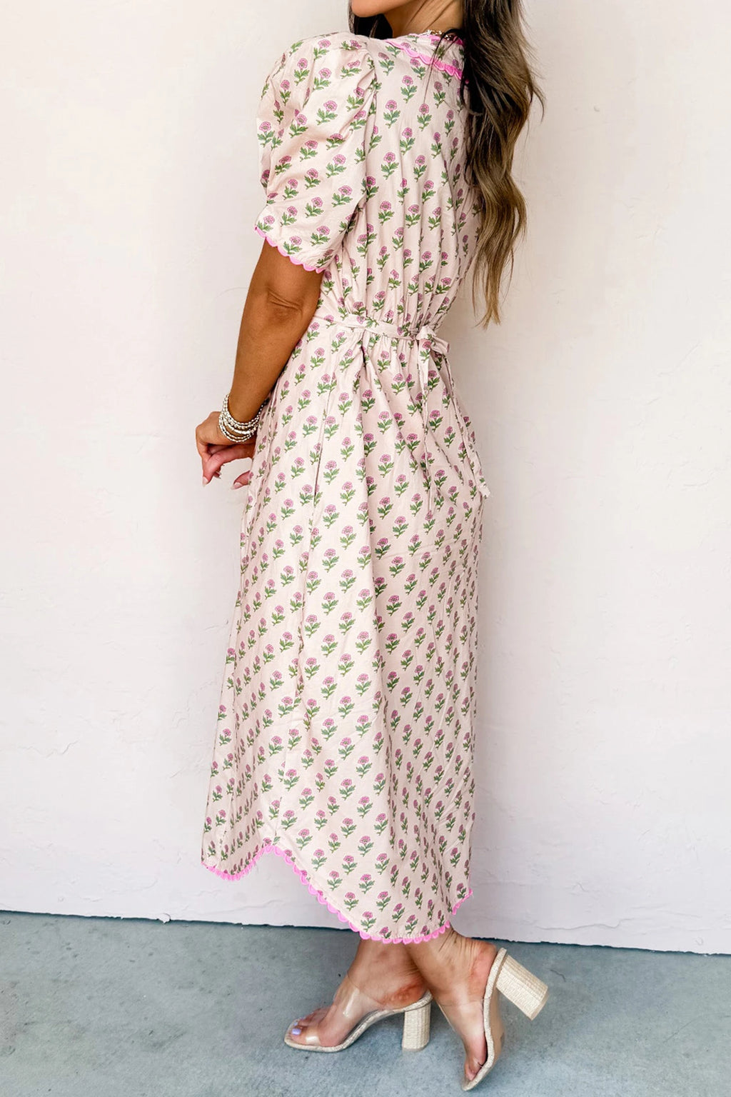 Pink Floral Print V Neck Scallop Long Dress