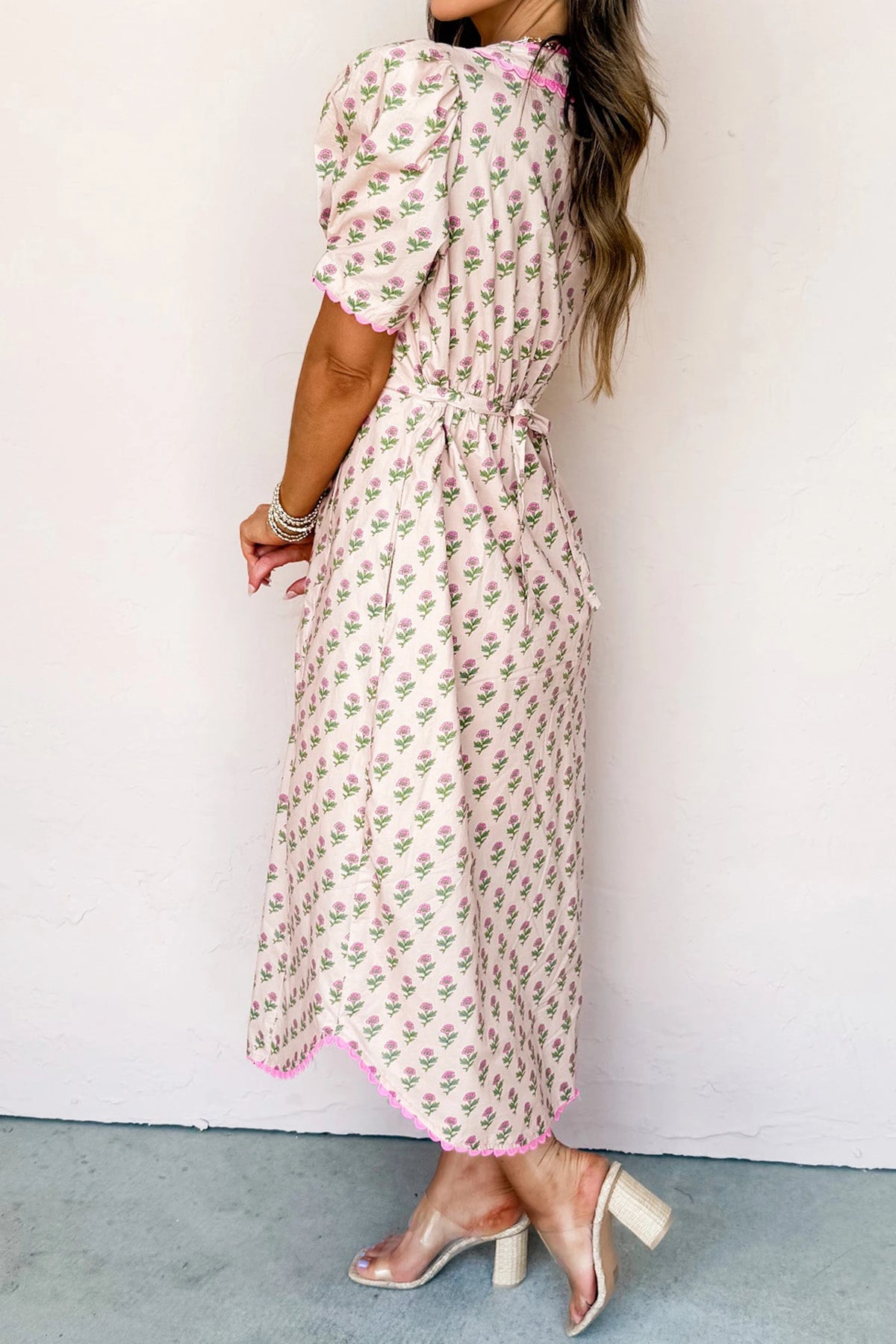 Pink Floral Print V Neck Scallop Long Dress