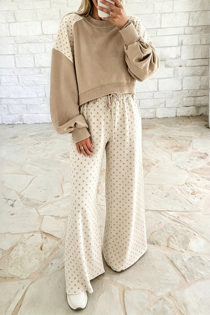 Polka Dot Patchwork Colorblock Long Sleeve Casual Two Piece