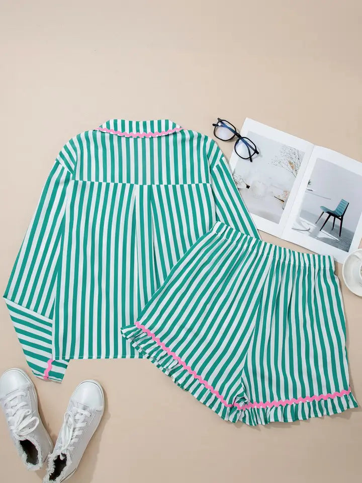 Green Stripe Contrast Ricrac Trim Long Sleeve Shirt Drawstring Ruffled Pajama Short Set