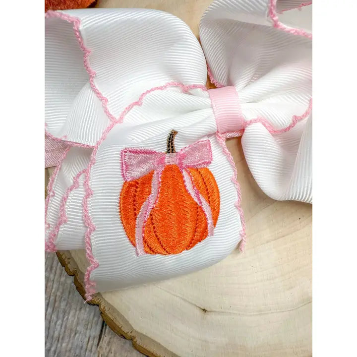 Coquette Pumpkin Embroidered Moonstitch Hair Bow | Clip or Headband