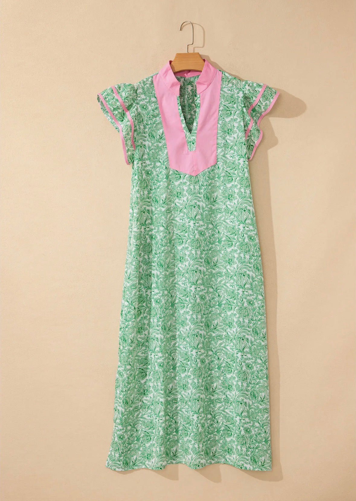 Contrast Trim Flutter Sleeve Floral Dress