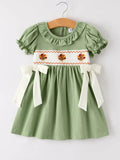 Fall Thanksgiving Bird Smock Embroidered Green Baby Girl Dress