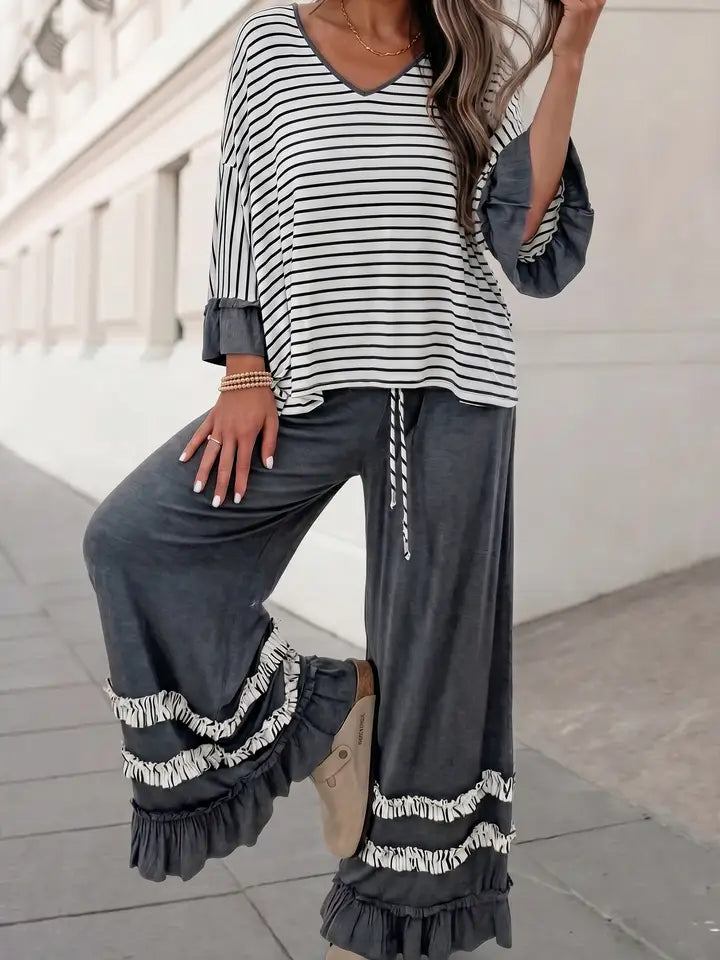 Striped V Neck Ruffle Contrast Sleeve Pants 2pcs Set