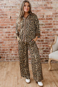 Brown Leopard Collared 3/4 Sleeve Shirt and Loose Pants Pajamas