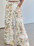 Beige Vintage Style Floral Print High Waist Wide Leg Jeans