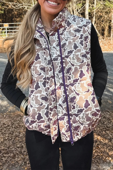 Camouflage Puffer Zip-Up Stand Neck Sleeveless Vest