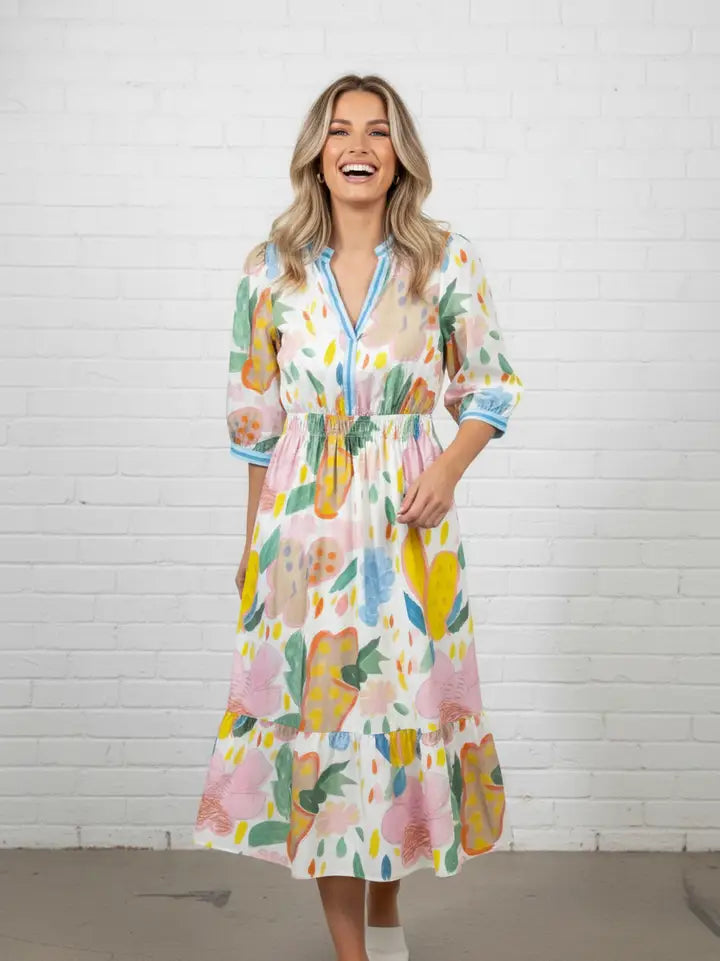 Floral Stripe Trim V-Neck Dress