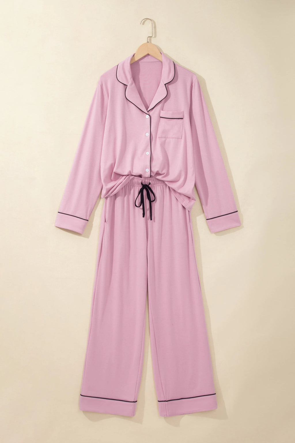 Delicacy Contrast Piping Trim Lapel Button Down Top Lounge Pajama Set