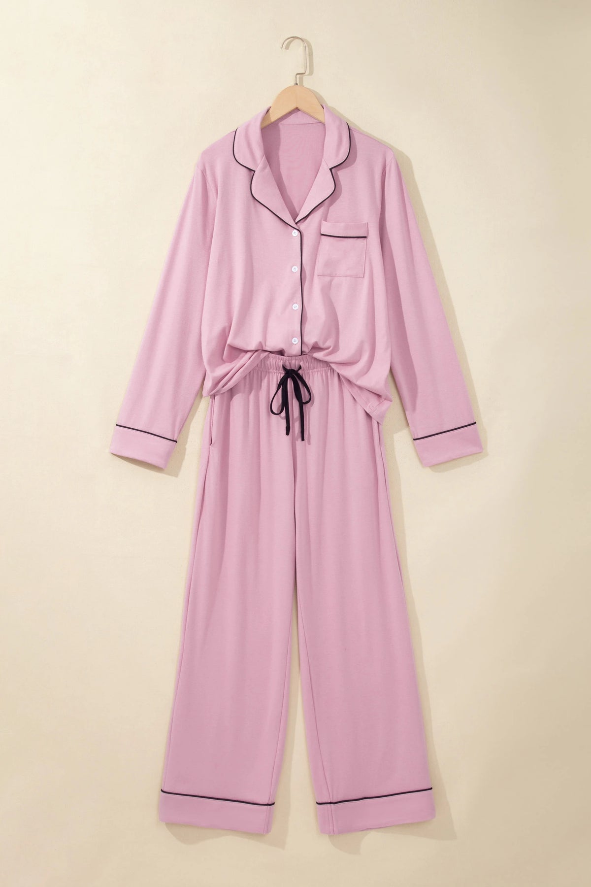 Delicacy Contrast Piping Trim Lapel Button Down Top Lounge Pajama Set