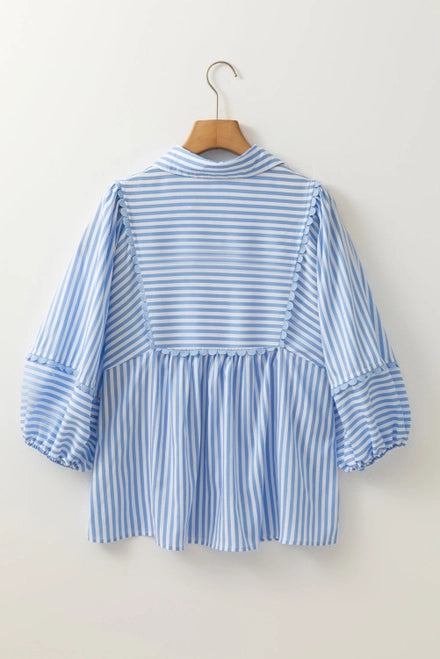 Stripe Shirt Collar Ricrac Trim Blouse