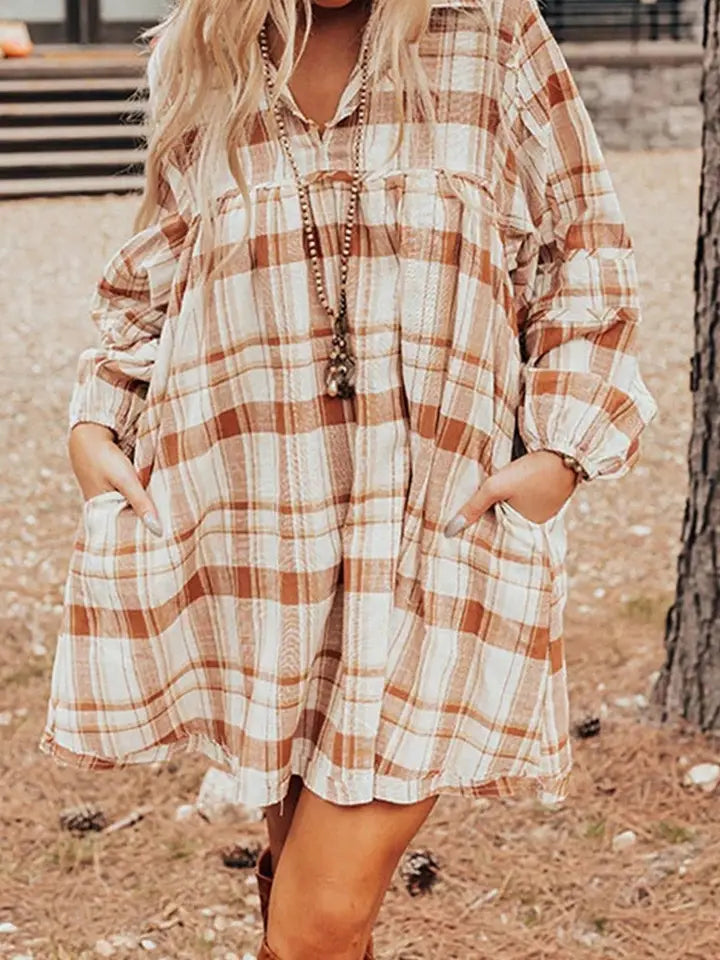 Brown Plaid Print Side Pockets Frilled Babydoll Mini Dress