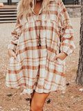 Brown Plaid Print Side Pockets Frilled Babydoll Mini Dress