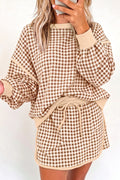 Brown Gingham Oversized Ribbed Trim Crew Neck Long Sleeve Top and Skort Set