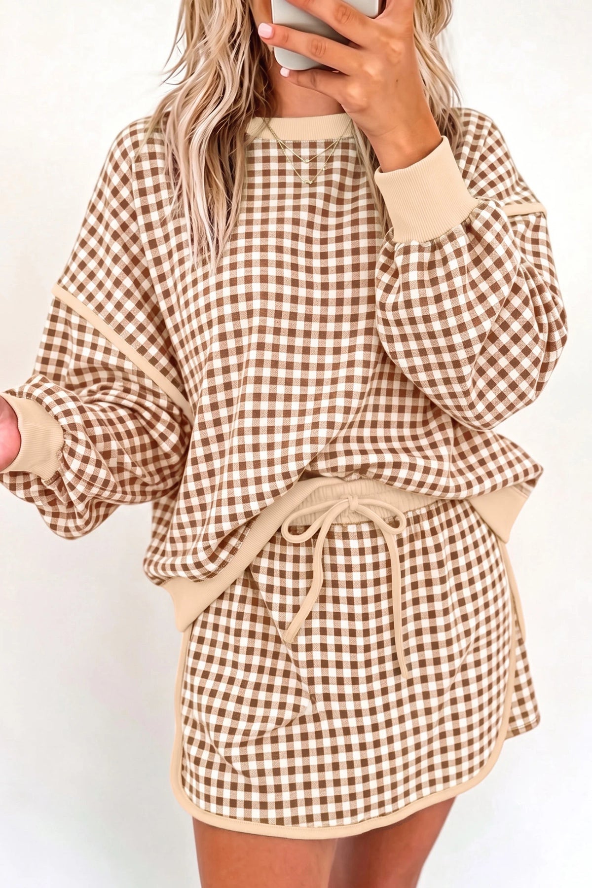 Brown Gingham Oversized Ribbed Trim Crew Neck Long Sleeve Top and Skort Set
