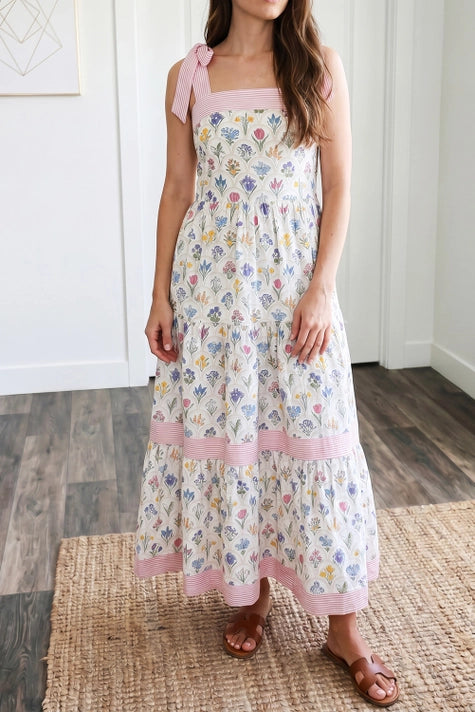 Floral Print Striped Detail Knot Straps Maxi Dress