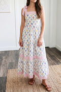Floral Print Striped Detail Knot Straps Maxi Dress