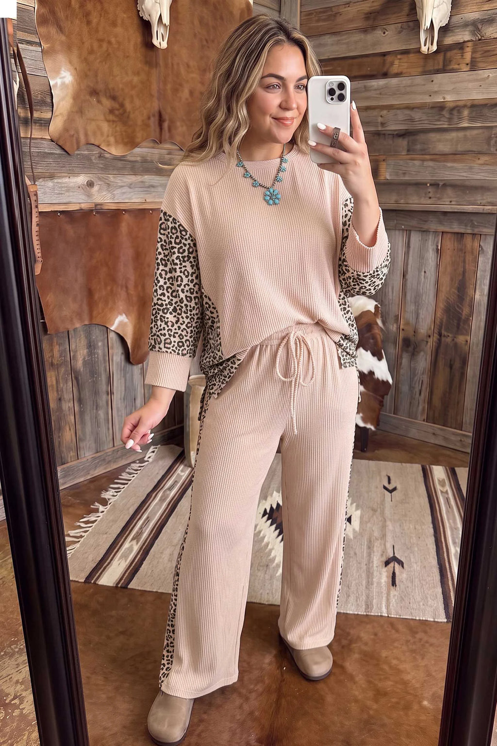 Parchment Leopard Print Twisted Ribbed Patchwork Long Sleeve Top Loose Pant Set