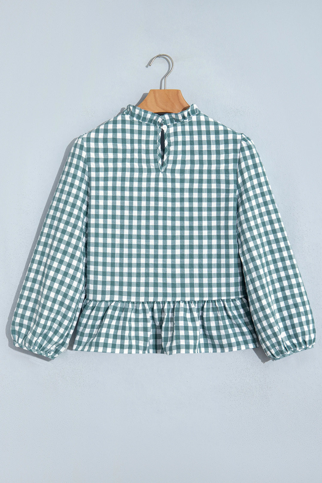 Green 3/4 Sleeve Shirred Plaid Peplum Top