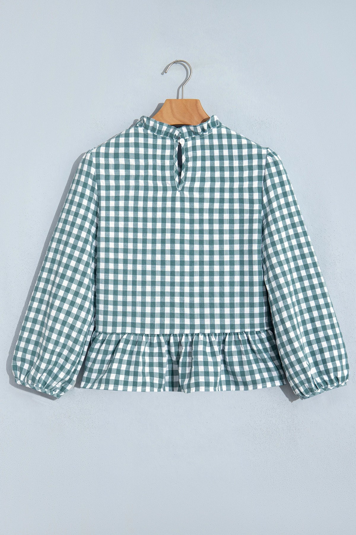 Green 3/4 Sleeve Shirred Plaid Peplum Top
