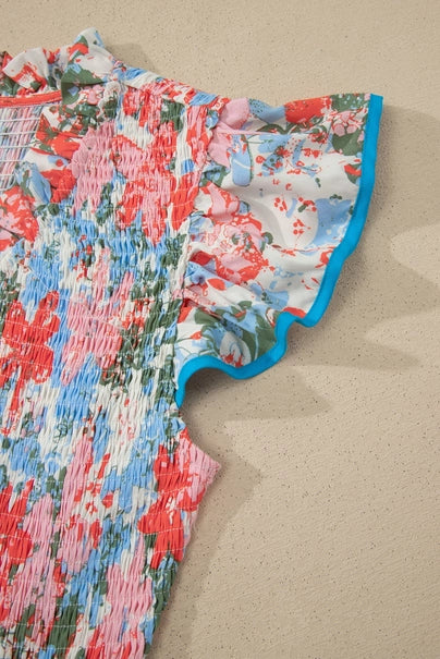 Floral Contrast Trim V-Neck Flutter Sleeve Maxi Dress